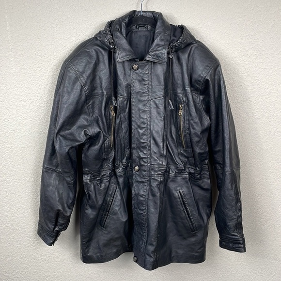 Great Seal of the State of Oklahoma Leather Hooded Jacket Cinch Waist Black - Picture 1 of 16